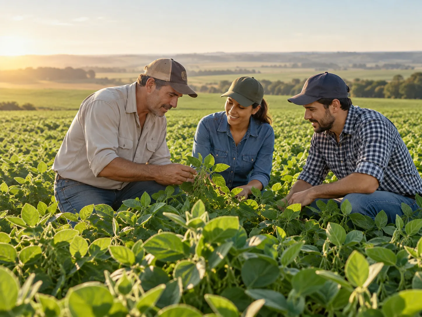 Productores revisando un cultivo de soja